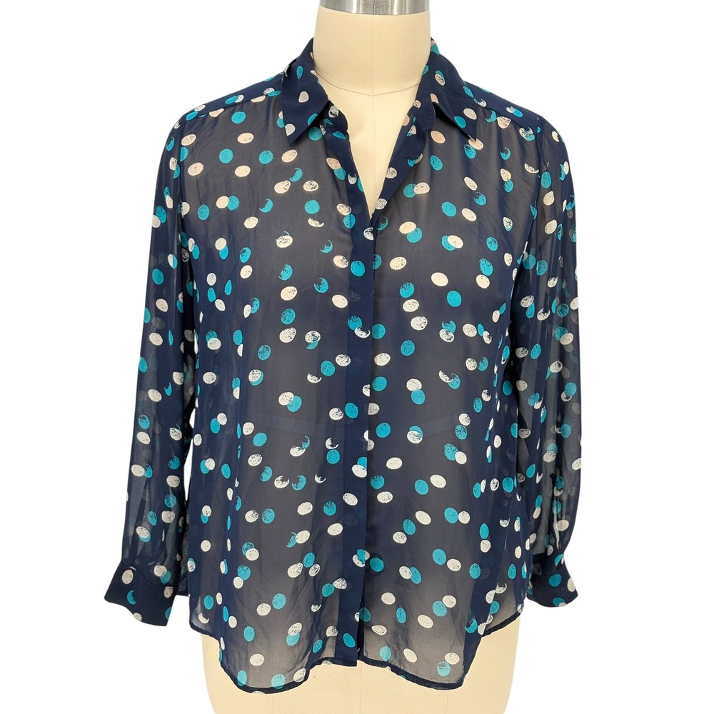 Lane Bryant Button Down Blouse Navy Polka Dot Sheer Long Sleeve 14/16